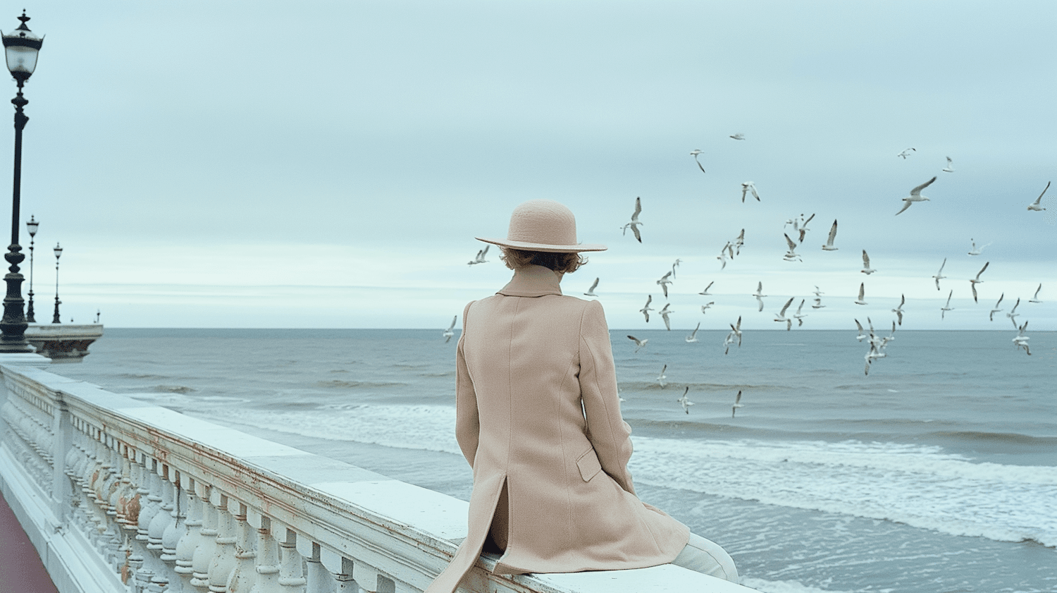 A traveller in a sun hat sitting on a seaside balustrade, watching gulls fly over the waves